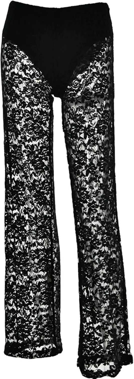 Women Floral Lace Sheer Mesh Pants See Through Straight Leg Pants Hollow Out Trousers Cover Up Pants Y2k Streetwear