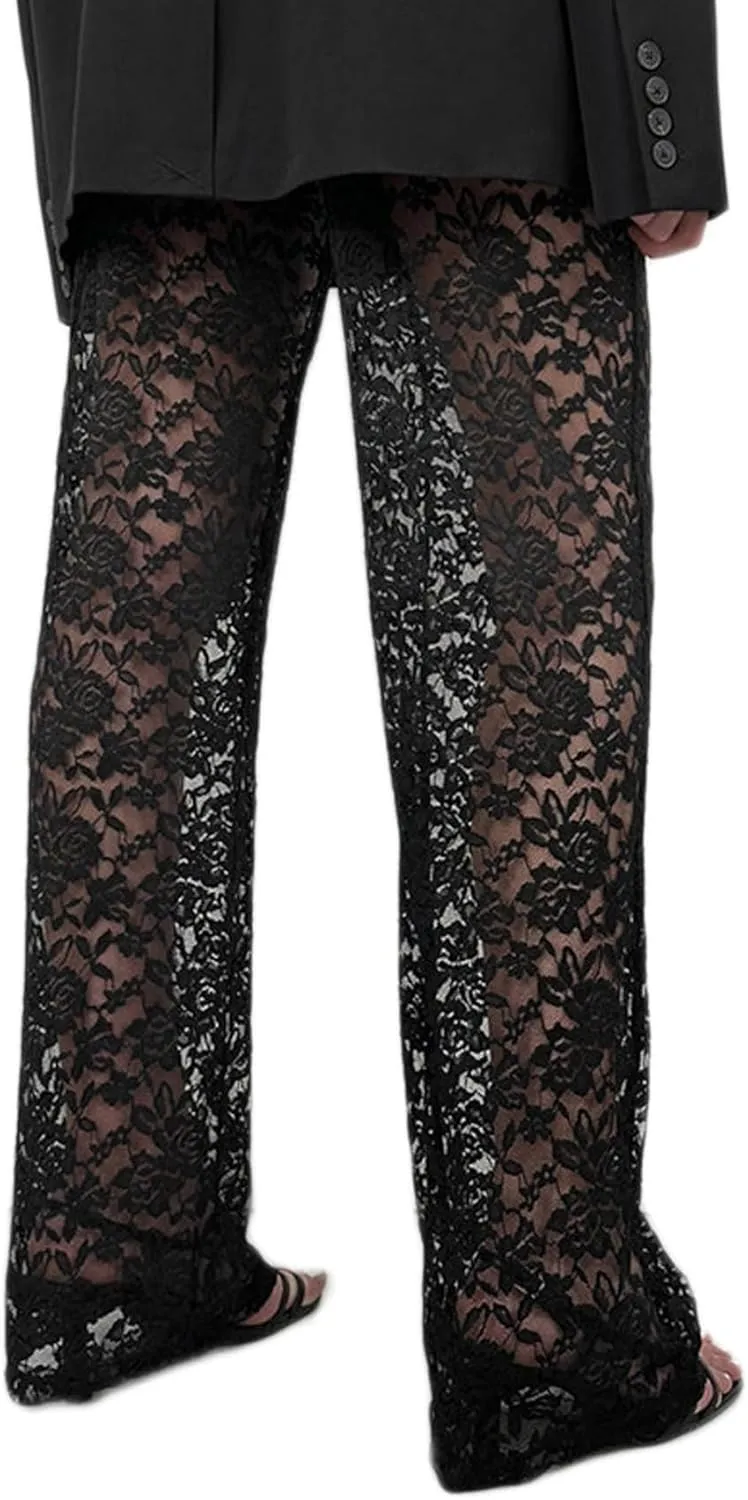 Women Floral Lace Sheer Mesh Pants See Through Straight Leg Pants Hollow Out Trousers Cover Up Pants Y2k Streetwear