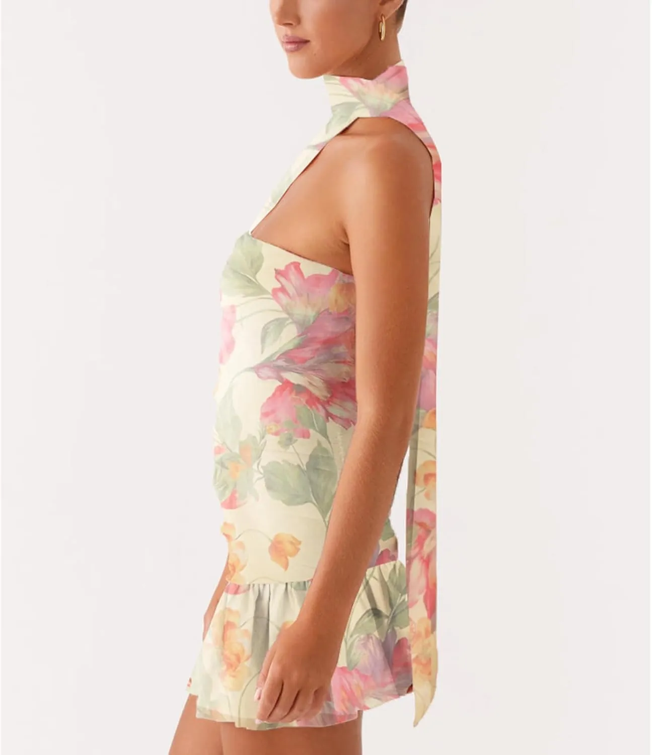 Women Floral Printed Tube Mini Dress Sexy Strapless Solid Color Bodycon Ruffle Hem Bandeau Short Dress with Scarf