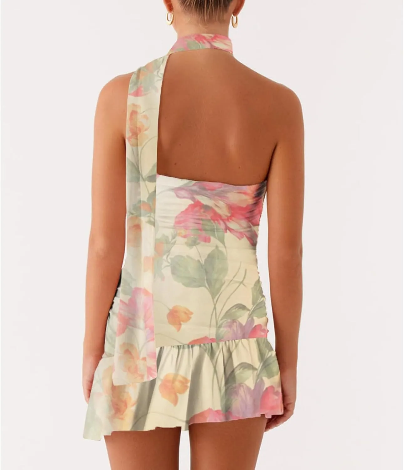 Women Floral Printed Tube Mini Dress Sexy Strapless Solid Color Bodycon Ruffle Hem Bandeau Short Dress with Scarf