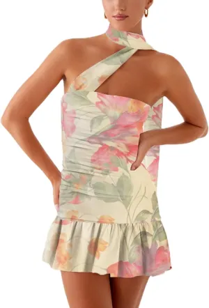 Women Floral Printed Tube Mini Dress Sexy Strapless Solid Color Bodycon Ruffle Hem Bandeau Short Dress with Scarf