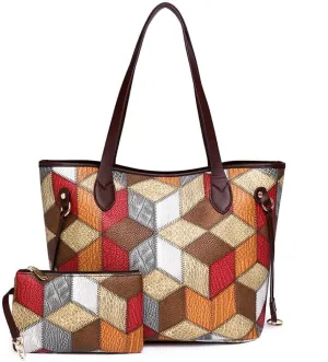 Women Handbags Vintage Leather Shoulder Purse Set Multicolor Patchwork Tote Bags Handmade Soft Zipper Wallet 2 Pcs