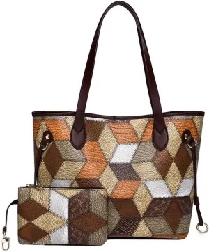 Women Handbags Vintage Leather Shoulder Purse Set Multicolor Patchwork Tote Bags Handmade Soft Zipper Wallet 2 Pcs