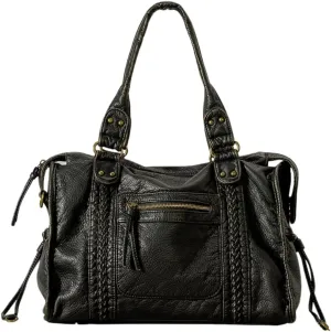 Women Hobo Handbag Washed Leather Shoulder Bag Retro Purses Travel Top-handle Bag Work Crossbody Satchel Black
