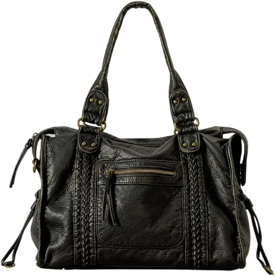 Women Hobo Handbag Washed Leather Shoulder Bag Retro Purses Travel Top-handle Bag Work Crossbody Satchel Black