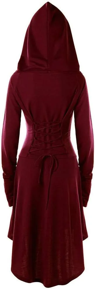 Women Hoodie Dresses High Low Long Sleeve Cloak Dress Plus Size Halloween Costumes Solid Hooded Vintage Cape Coat