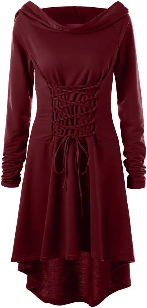 Women Hoodie Dresses High Low Long Sleeve Cloak Dress Plus Size Halloween Costumes Solid Hooded Vintage Cape Coat