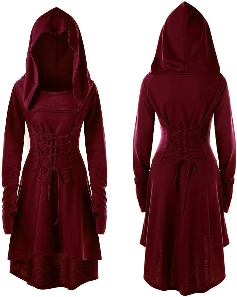 Women Hoodie Dresses High Low Long Sleeve Cloak Dress Plus Size Halloween Costumes Solid Hooded Vintage Cape Coat