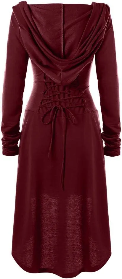 Women Hoodie Dresses High Low Long Sleeve Cloak Dress Plus Size Halloween Costumes Solid Hooded Vintage Cape Coat