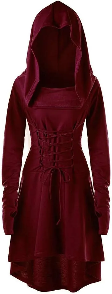 Women Hoodie Dresses High Low Long Sleeve Cloak Dress Plus Size Halloween Costumes Solid Hooded Vintage Cape Coat