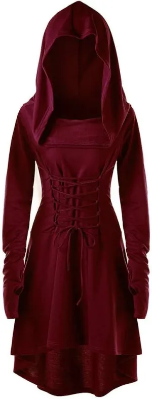 Women Hoodie Dresses High Low Long Sleeve Cloak Dress Plus Size Halloween Costumes Solid Hooded Vintage Cape Coat