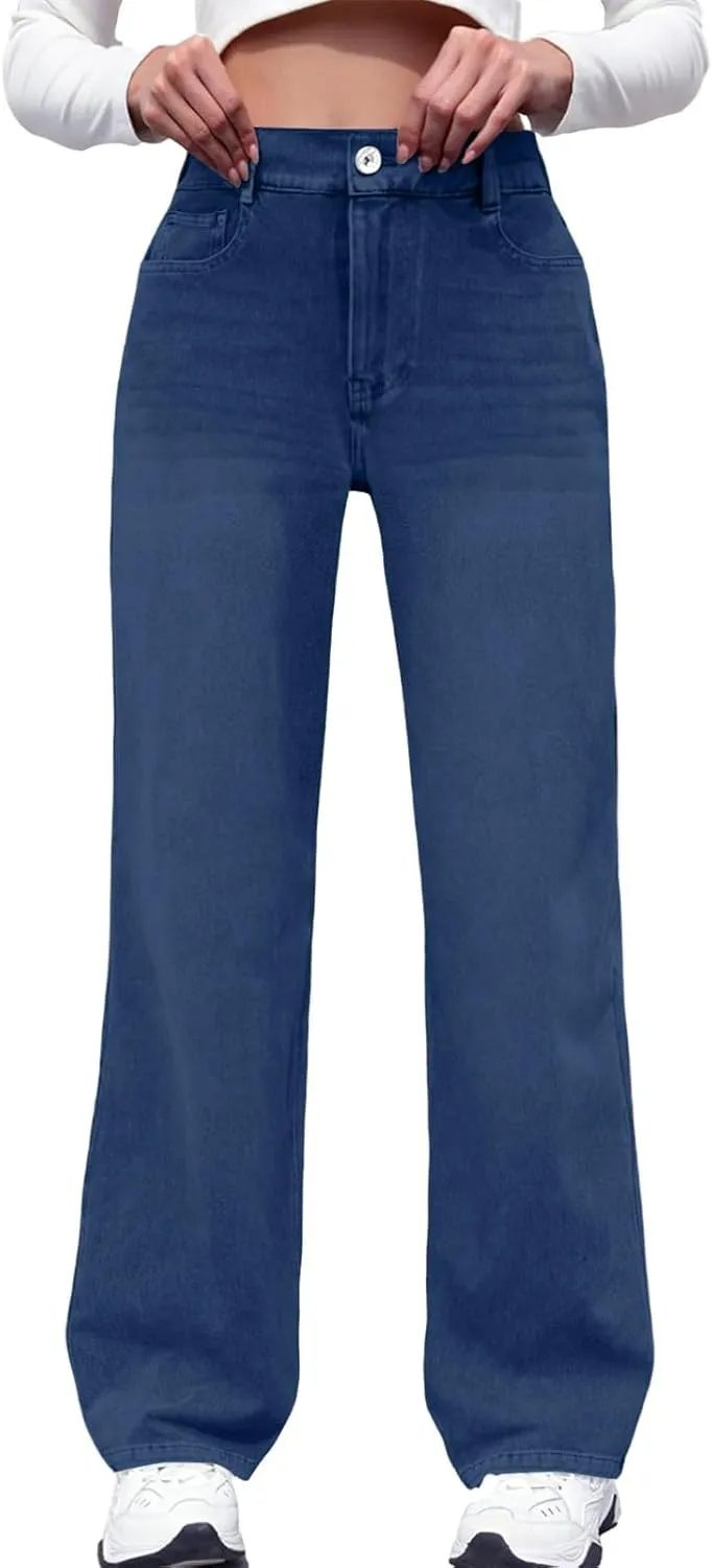 Women Jeans, Tummy Control Jeans for Women Mid Rise Trendy Straight Leg Summer Plus Size Baggy Stretchy Trousers