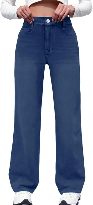 Women Jeans, Tummy Control Jeans for Women Mid Rise Trendy Straight Leg Summer Plus Size Baggy Stretchy Trousers