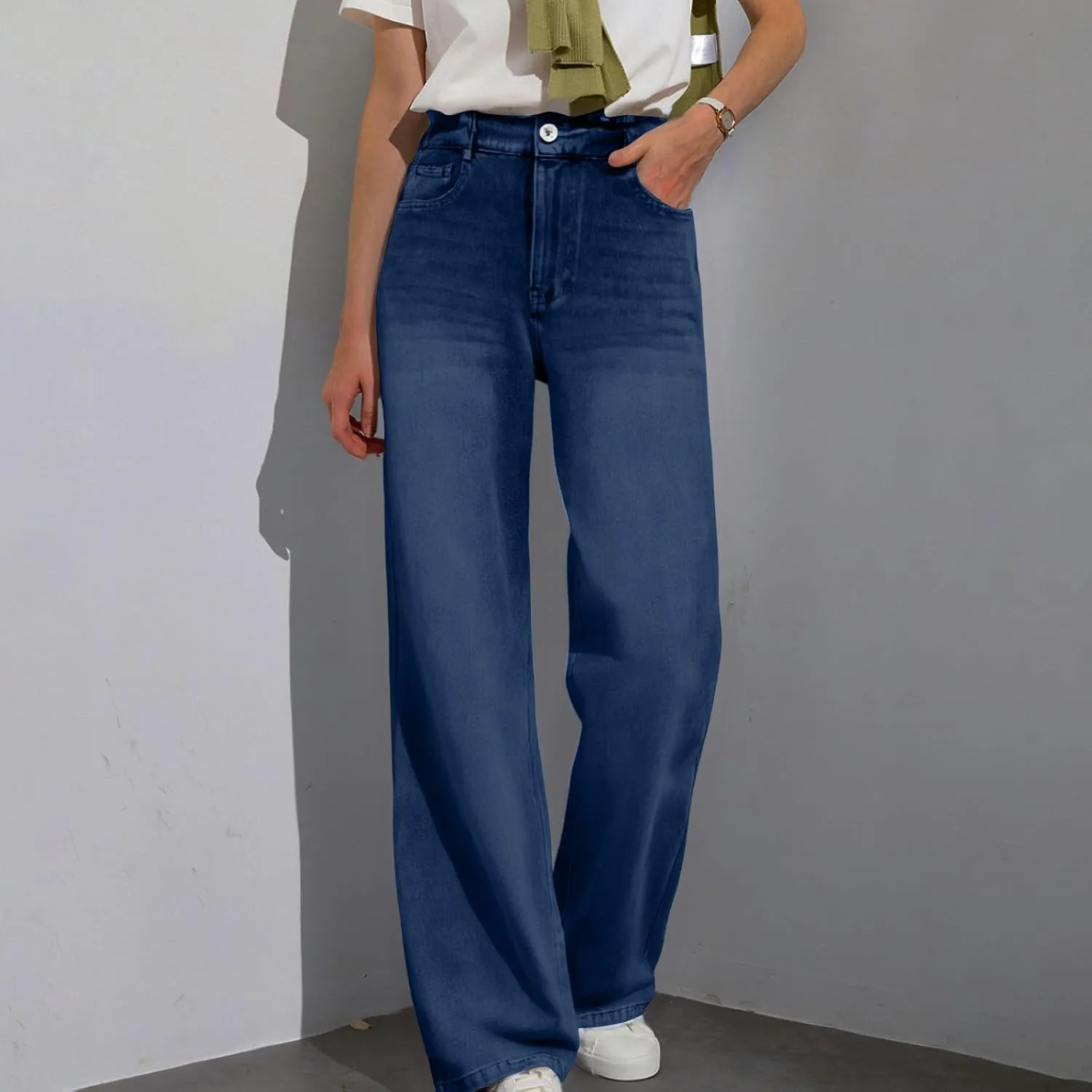 Women Jeans, Tummy Control Jeans for Women Mid Rise Trendy Straight Leg Summer Plus Size Baggy Stretchy Trousers
