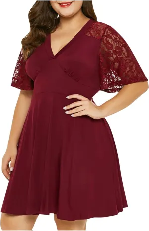 Women Plus Size Lace Cocktail Dresses Summer Wrap V Neck Short Sleeve Patchwork Flowy A Line Wedding Guest Midi Dress