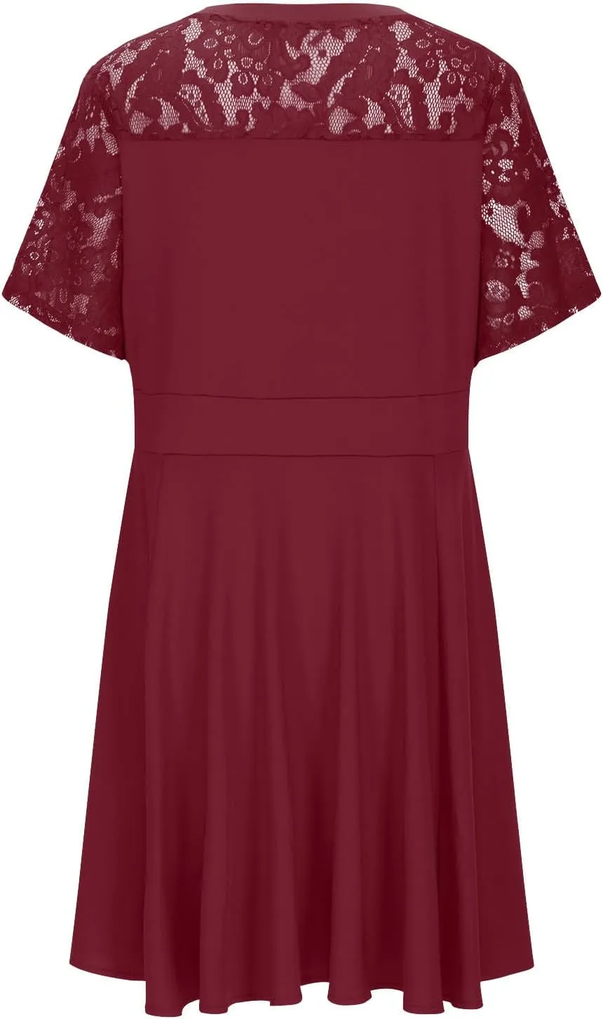 Women Plus Size Lace Cocktail Dresses Summer Wrap V Neck Short Sleeve Patchwork Flowy A Line Wedding Guest Midi Dress