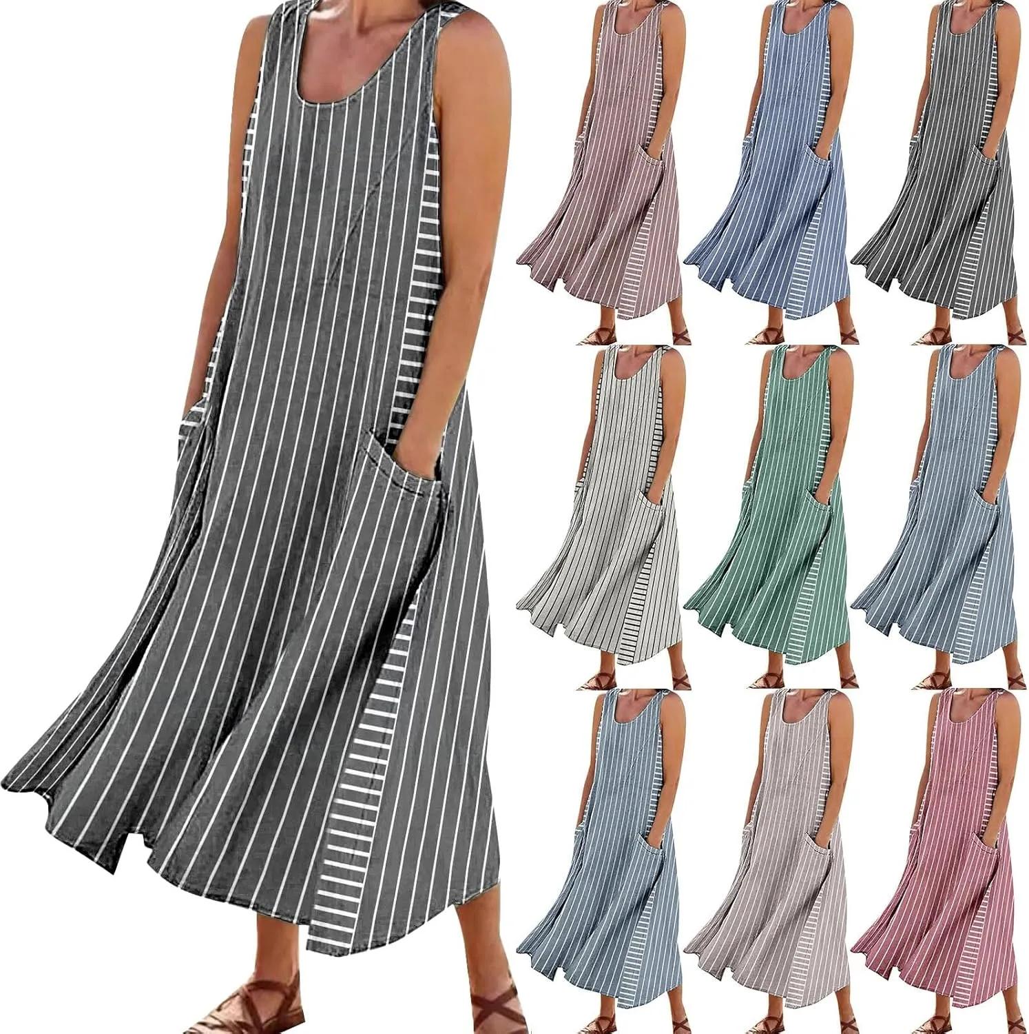 Women Plus Size Sleeveless Dresses Round Neck Striped Casual Sundress Summer Long Dresses with Pockets 2025 Beach Vacation
