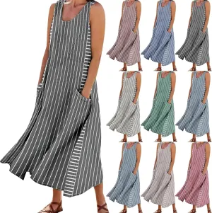 Women Plus Size Sleeveless Dresses Round Neck Striped Casual Sundress Summer Long Dresses with Pockets 2025 Beach Vacation