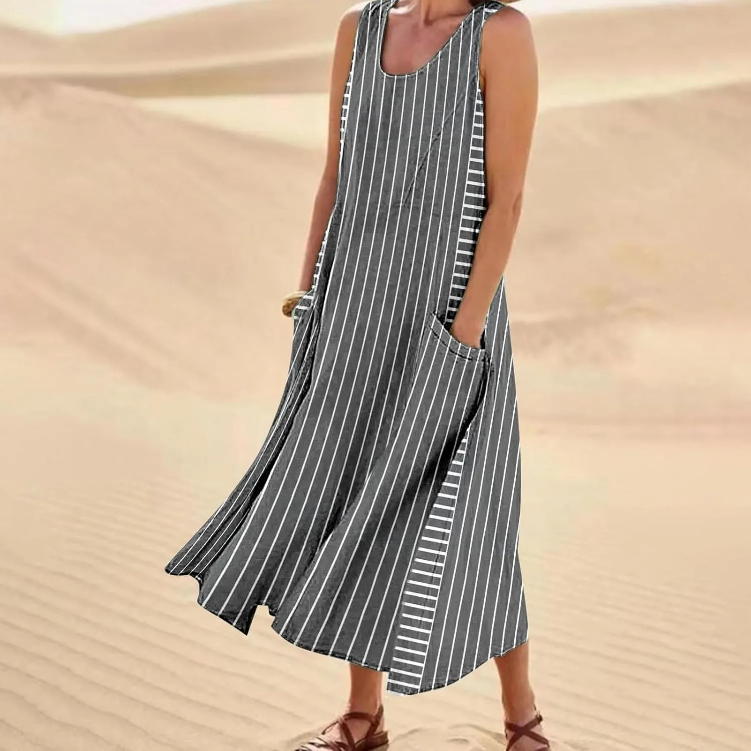 Women Plus Size Sleeveless Dresses Round Neck Striped Casual Sundress Summer Long Dresses with Pockets 2025 Beach Vacation