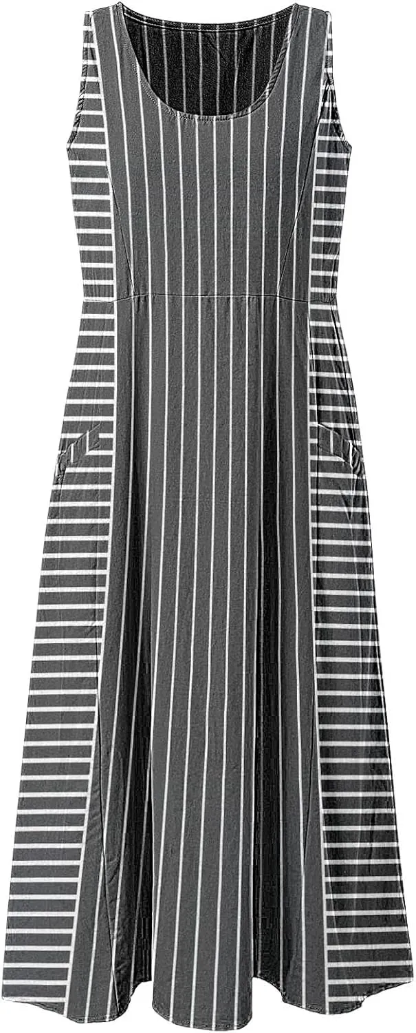 Women Plus Size Sleeveless Dresses Round Neck Striped Casual Sundress Summer Long Dresses with Pockets 2025 Beach Vacation