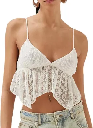 Women Sexy Y2k Camisole Spaghetti Strap Lace Frill Crop Top Bustier Backless Mesh Patchwork Tank Cami Aesthetic