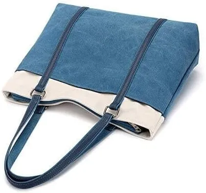 Women Shoulder Bag Contrast Canvas Handbags Top Handle Satchel Casual Multi-Pocket Patchwork Tote Purse