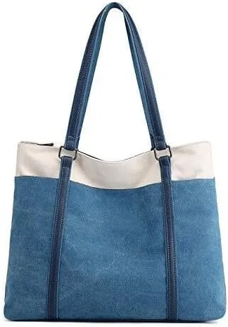 Women Shoulder Bag Contrast Canvas Handbags Top Handle Satchel Casual Multi-Pocket Patchwork Tote Purse