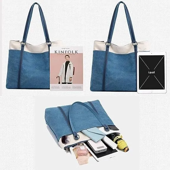 Women Shoulder Bag Contrast Canvas Handbags Top Handle Satchel Casual Multi-Pocket Patchwork Tote Purse