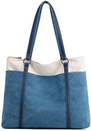 Women Shoulder Bag Contrast Canvas Handbags Top Handle Satchel Casual Multi-Pocket Patchwork Tote Purse