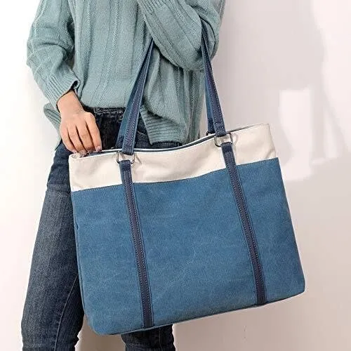 Women Shoulder Bag Contrast Canvas Handbags Top Handle Satchel Casual Multi-Pocket Patchwork Tote Purse