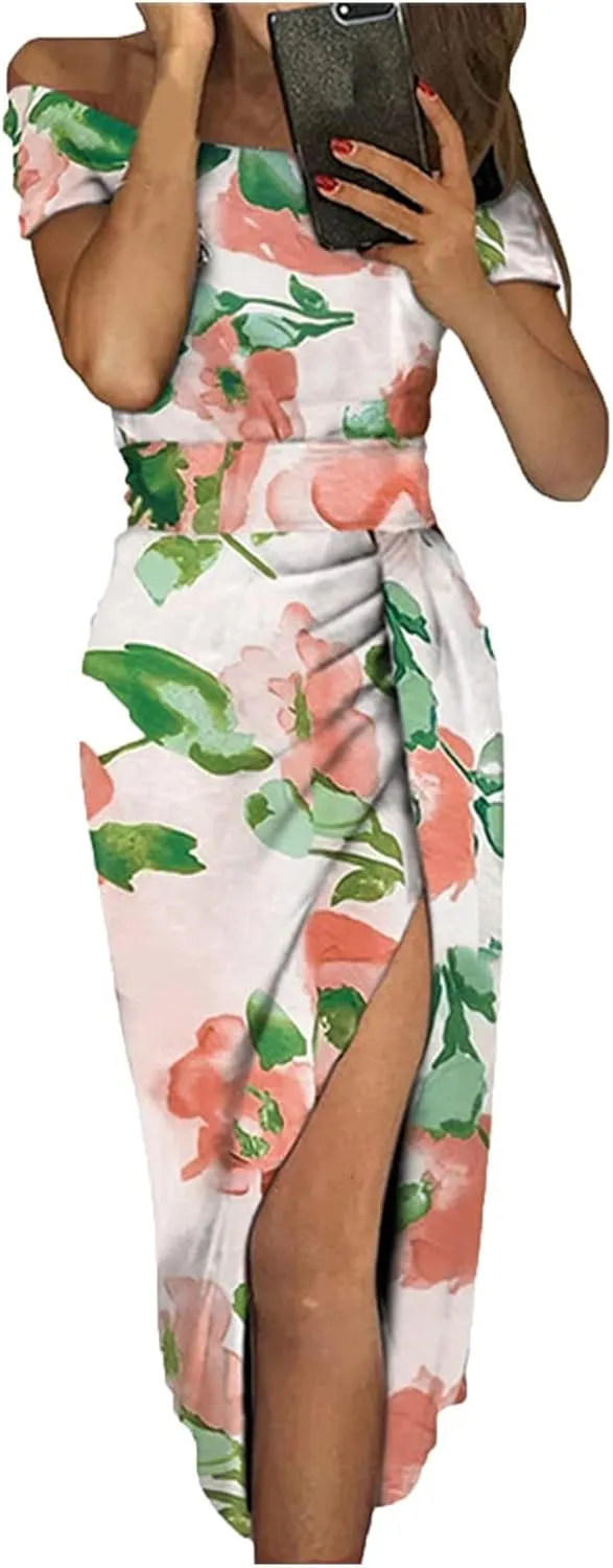Women Sleeveless Cocktail Wedding Party Dress Sexy Short Sleeve Off Shoulder High Split Maxi Party Dresses Plus Size