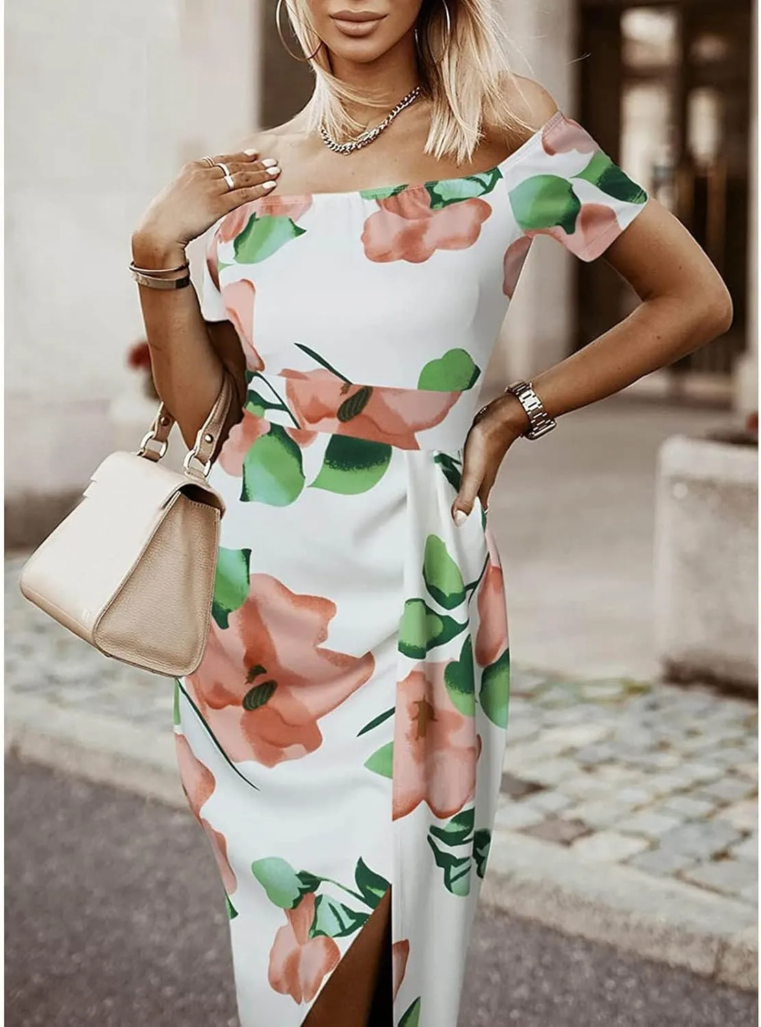 Women Sleeveless Cocktail Wedding Party Dress Sexy Short Sleeve Off Shoulder High Split Maxi Party Dresses Plus Size