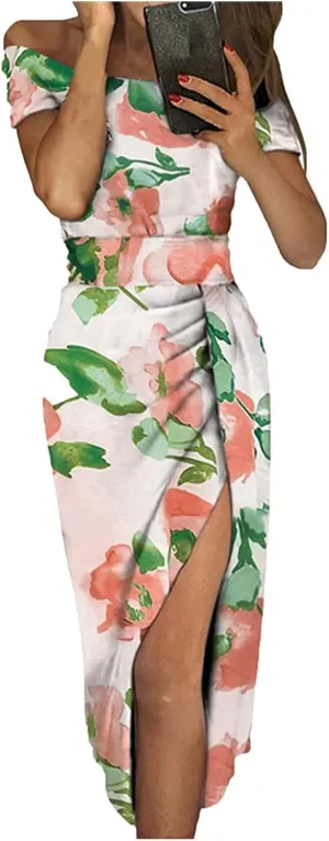 Women Sleeveless Cocktail Wedding Party Dress Sexy Short Sleeve Off Shoulder High Split Maxi Party Dresses Plus Size