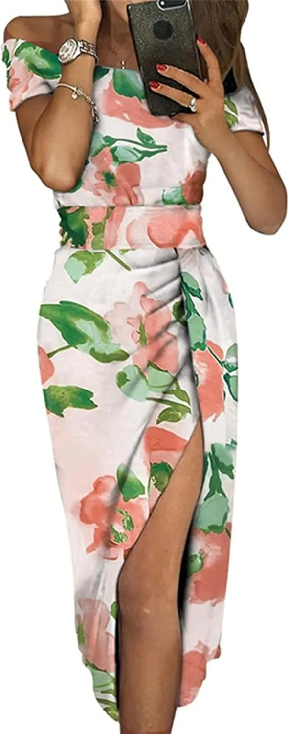Women Sleeveless Cocktail Wedding Party Dress Sexy Short Sleeve Off Shoulder High Split Maxi Party Dresses Plus Size