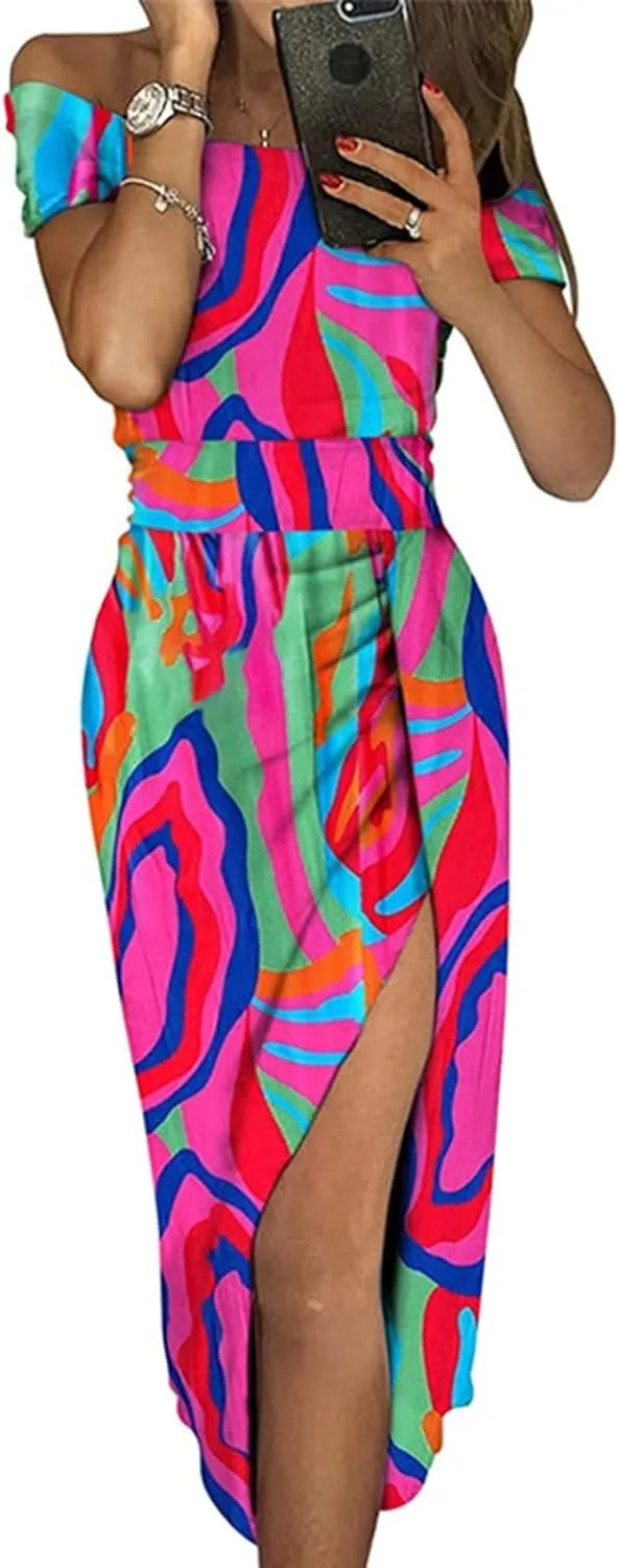 Women Sleeveless Cocktail Wedding Party Dress Sexy Short Sleeve Off Shoulder High Split Maxi Party Dresses Plus Size