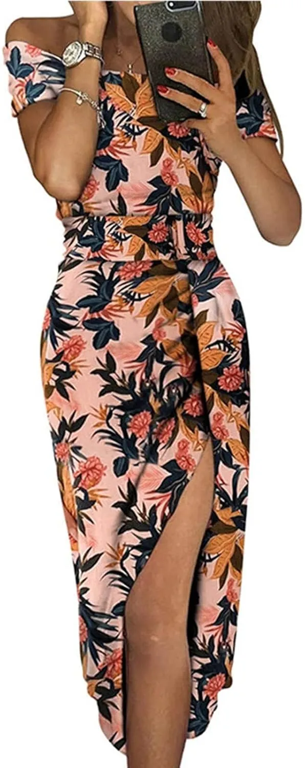 Women Sleeveless Cocktail Wedding Party Dress Sexy Short Sleeve Off Shoulder High Split Maxi Party Dresses Plus Size