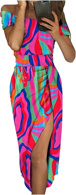 Women Sleeveless Cocktail Wedding Party Dress Sexy Short Sleeve Off Shoulder High Split Maxi Party Dresses Plus Size