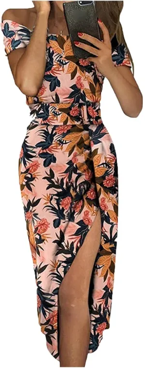 Women Sleeveless Cocktail Wedding Party Dress Sexy Short Sleeve Off Shoulder High Split Maxi Party Dresses Plus Size