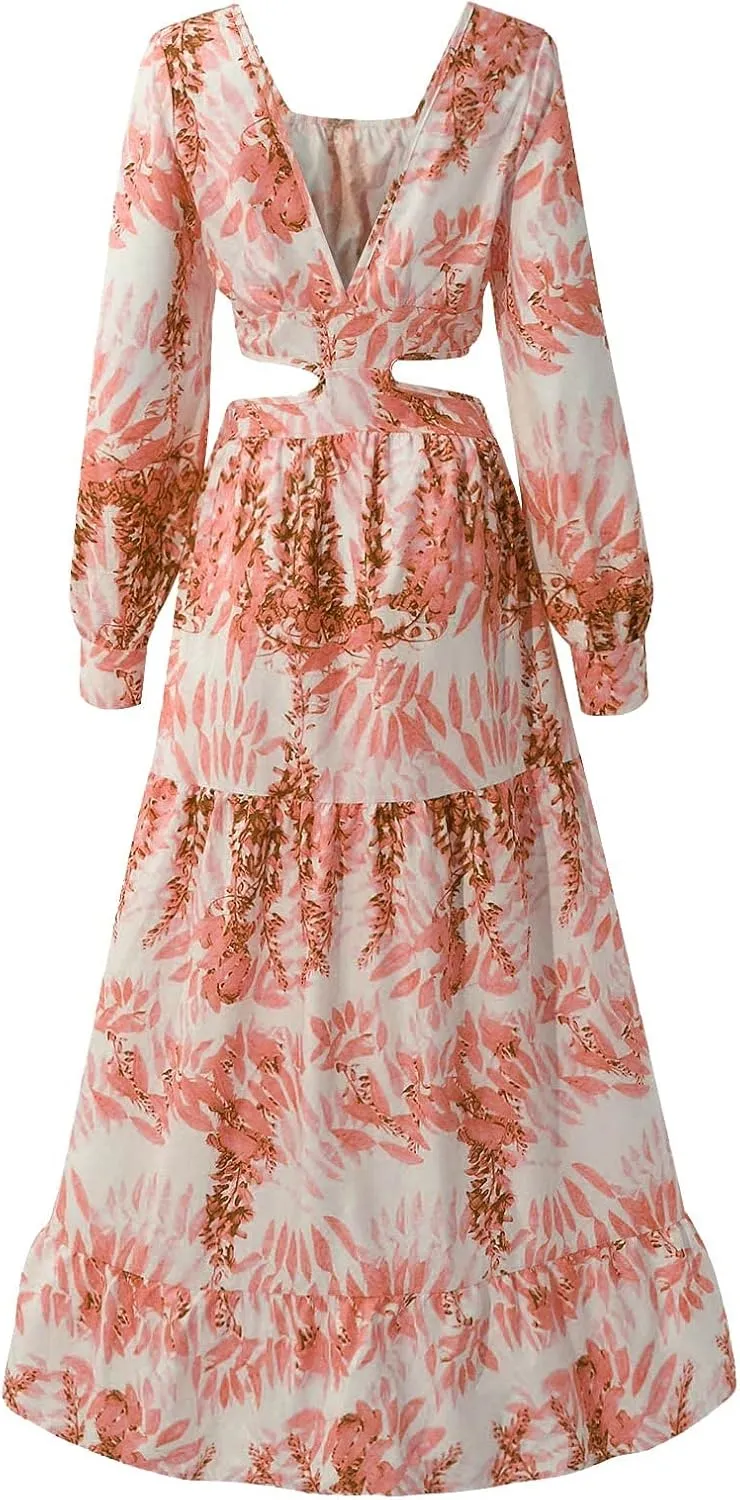 Women Spring A Line Dresses Casual Long Sleeve Elegant V Neck Maxi Dresses Floral Boho Long Wedding Guest Dress