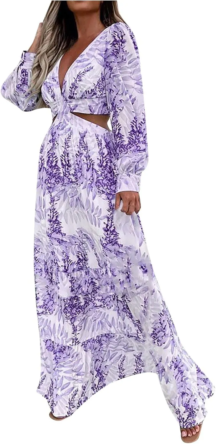 Women Spring A Line Dresses Casual Long Sleeve Elegant V Neck Maxi Dresses Floral Boho Long Wedding Guest Dress