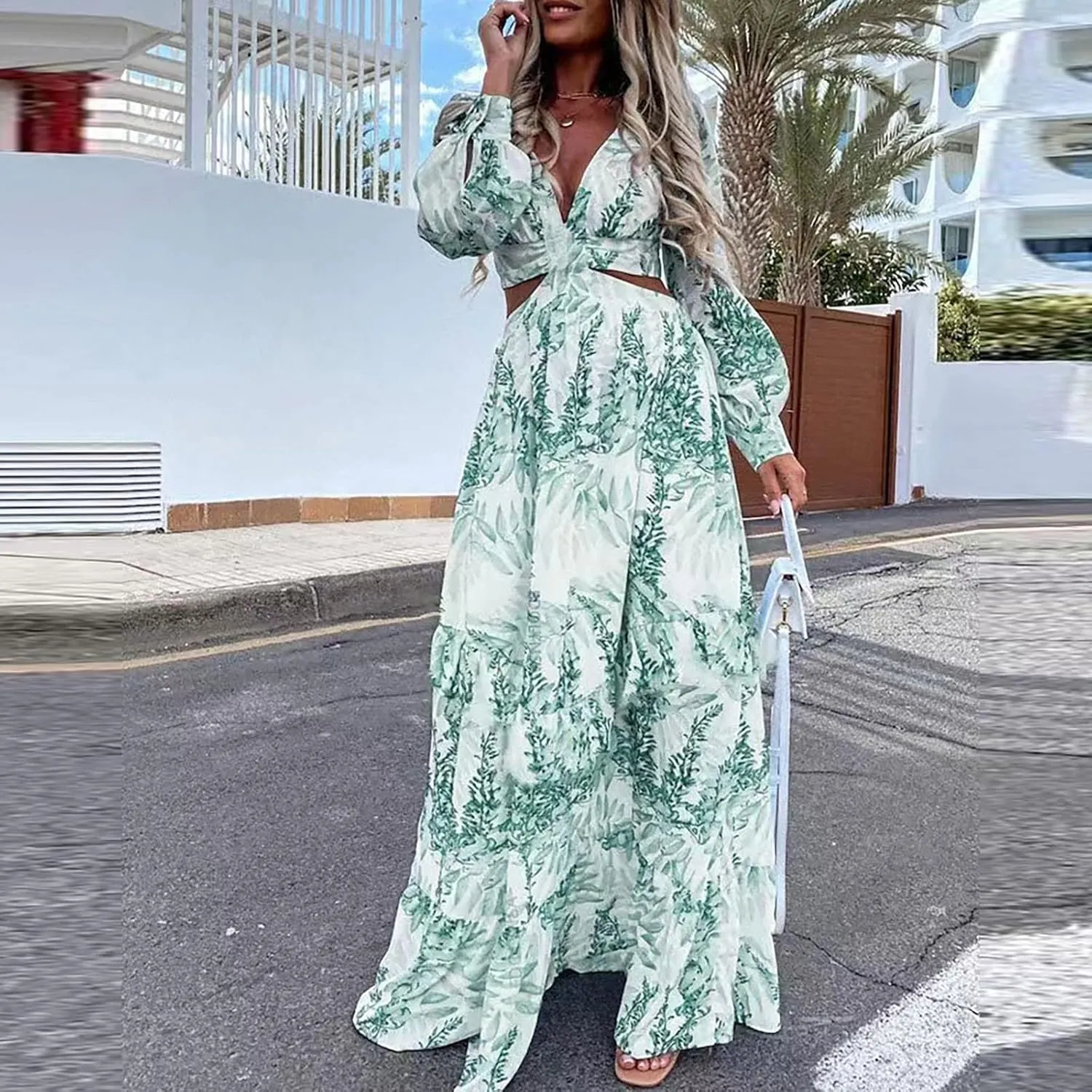 Women Spring A Line Dresses Casual Long Sleeve Elegant V Neck Maxi Dresses Floral Boho Long Wedding Guest Dress