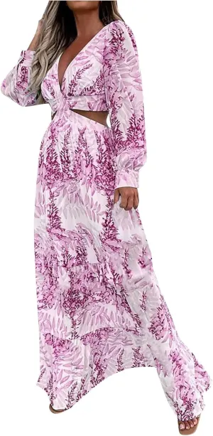 Women Spring A Line Dresses Casual Long Sleeve Elegant V Neck Maxi Dresses Floral Boho Long Wedding Guest Dress