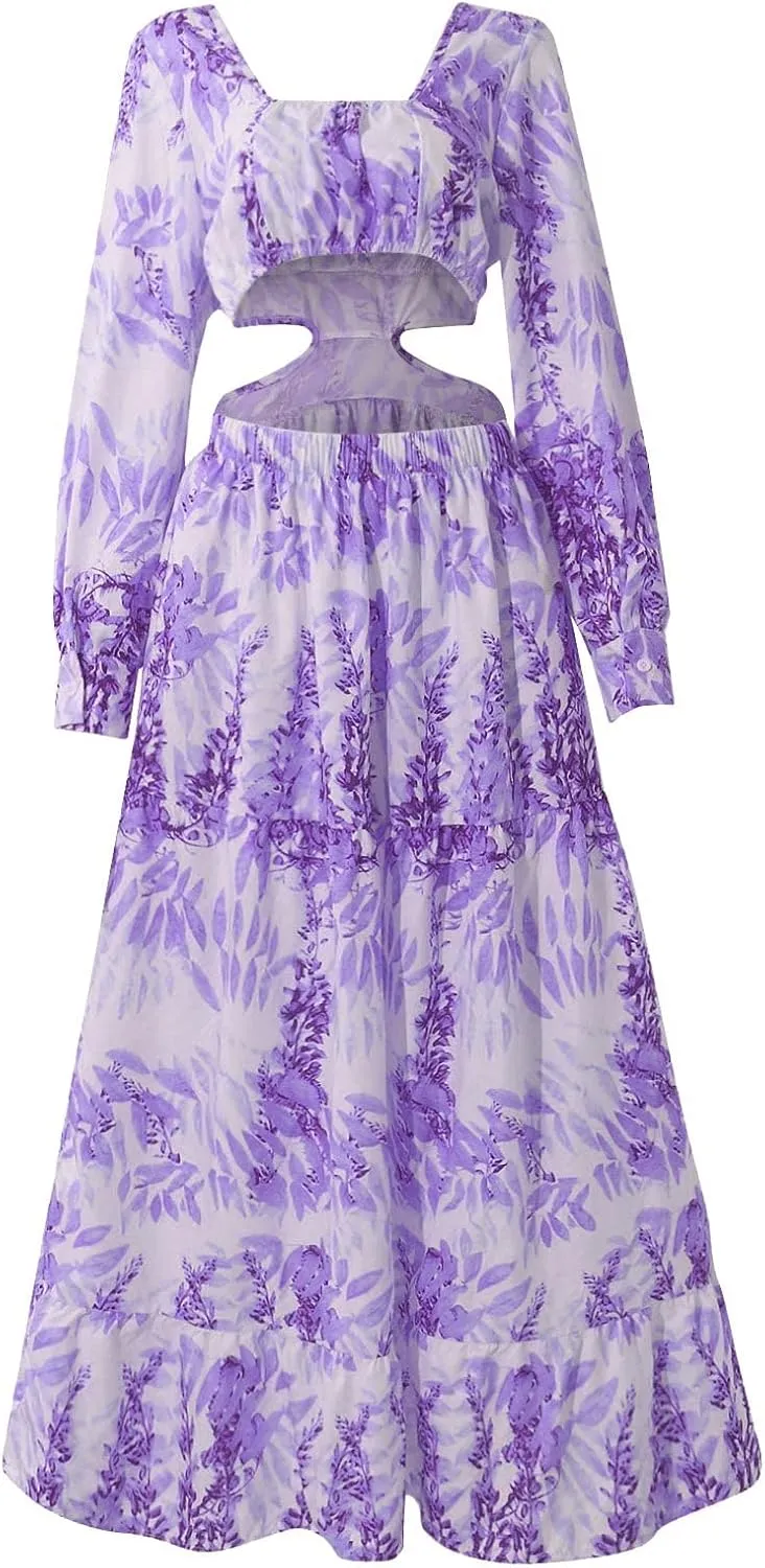 Women Spring A Line Dresses Casual Long Sleeve Elegant V Neck Maxi Dresses Floral Boho Long Wedding Guest Dress