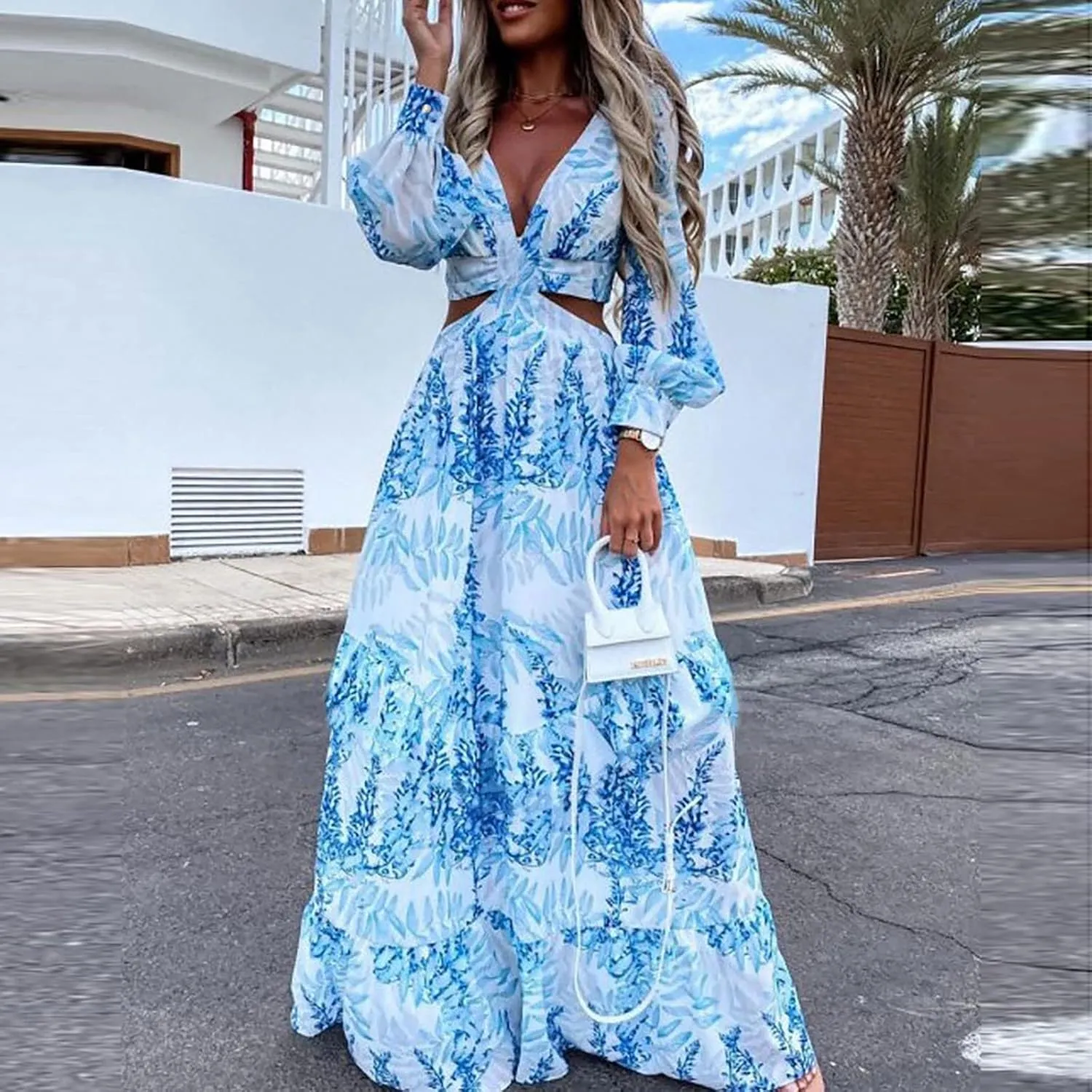 Women Spring A Line Dresses Casual Long Sleeve Elegant V Neck Maxi Dresses Floral Boho Long Wedding Guest Dress