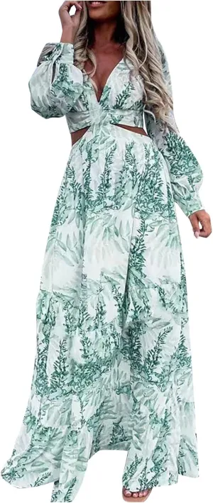 Women Spring A Line Dresses Casual Long Sleeve Elegant V Neck Maxi Dresses Floral Boho Long Wedding Guest Dress