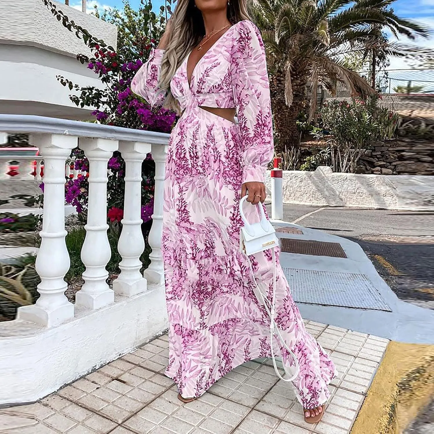 Women Spring A Line Dresses Casual Long Sleeve Elegant V Neck Maxi Dresses Floral Boho Long Wedding Guest Dress