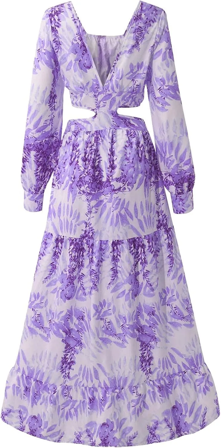 Women Spring A Line Dresses Casual Long Sleeve Elegant V Neck Maxi Dresses Floral Boho Long Wedding Guest Dress