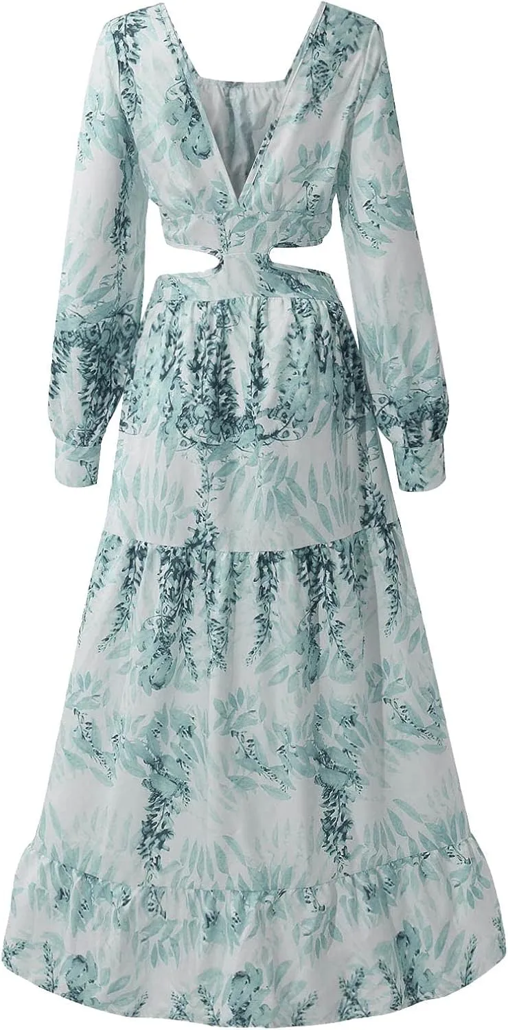 Women Spring A Line Dresses Casual Long Sleeve Elegant V Neck Maxi Dresses Floral Boho Long Wedding Guest Dress