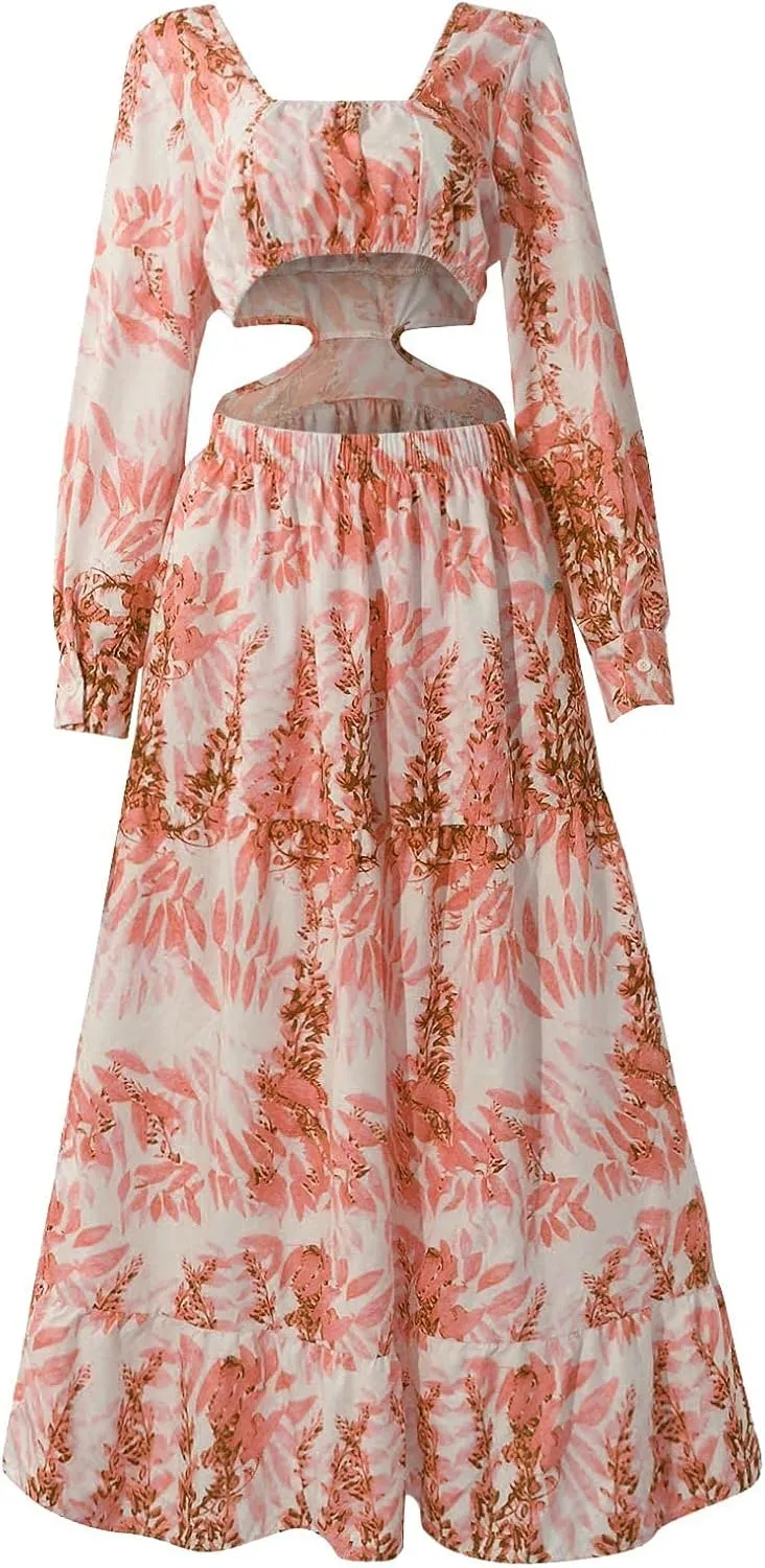 Women Spring A Line Dresses Casual Long Sleeve Elegant V Neck Maxi Dresses Floral Boho Long Wedding Guest Dress