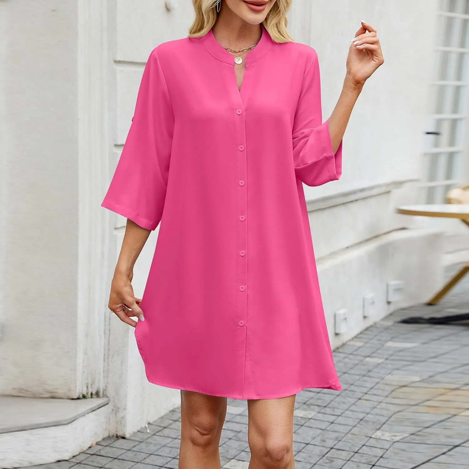 Women Striped Shirt Dress Casual Collar V Neck Button Down Long Sleeve Shift Midi Dress Ruffle Flowy with Pockets